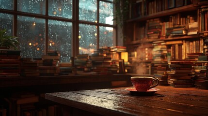 A brown mug of coffee or tea with visible steam rests on a saucer in a warm, sun-drenched room