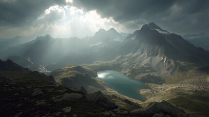Sun pierces clouds over alpine lake