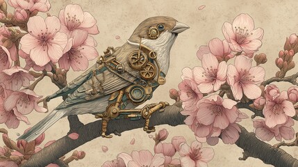 Steampunk bird per on cherry blossoms