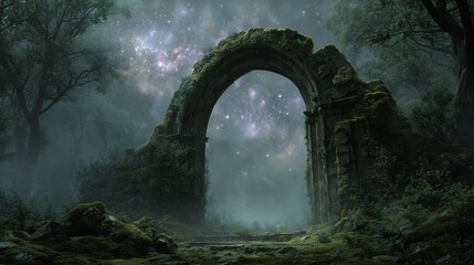 Overgrown stone archway frames starry night sky amid foggy evergreen trees in enchanted woodland