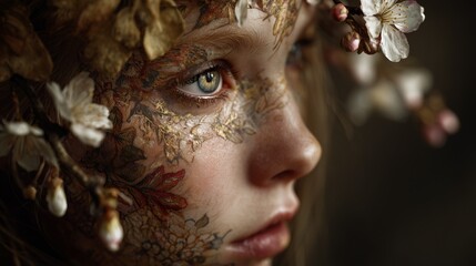 A peaceful woman's profile covered in intricate blue, gold, and purple flower designs against dark backdrop