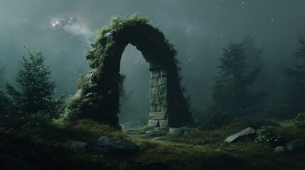 Ancient arch stands in misty forest