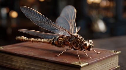 Intricate brass and copper mechanical dragonfly with transparent wings perches atop an old leather-bound tome