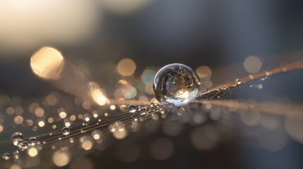 Dewdrops sparkle on delicate spider web