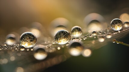 Morning dew glistens on the fine threads of a spider's web