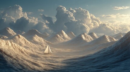 Sailboat drifts through surreal wave dunes