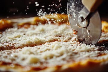 A pizza cutter wheel precisely slices through the delicious, cheesy, and freshly baked pizza, with fine white cheese sprinkles falling gently onto the warm crust.