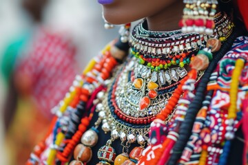 Colorful ethnic jewelry with intricate beaded necklaces, metal elements, and vibrant textile patterns adorns a figure, showcasing rich cultural artistry.