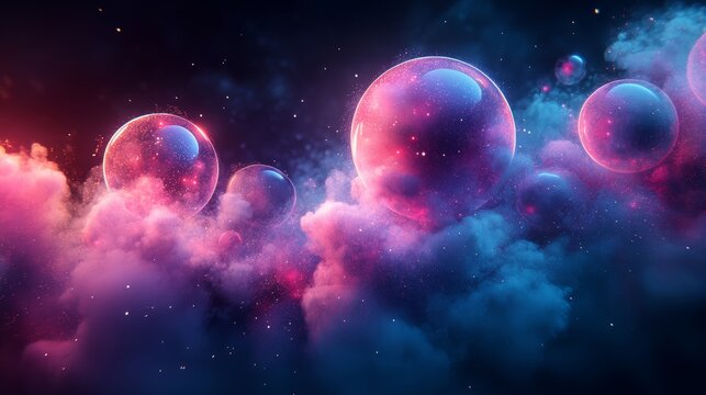 Surreal scene with glowing colorful spheres floating in misty cosmic clouds, symbolizing imagination, creativity, digital design, futuristic space, fantasy, innovation, and abstract inspiration. - Powered by Adobe