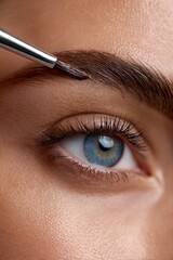 Woman receiving professional eyebrow tinting treatment with a thin brush in a beauty salon