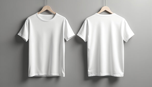 Two plain white t-shirts hang on wooden hangers against a neutral gray wall. One shirt is shown front view and other is back view. Clean background for product mockups.