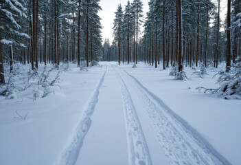 Obraz premium Winter forest road with deer tracks in fresh snow, pines around