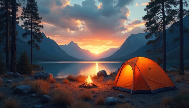 Orange camping tent glows with warm light beside tranquil lake. Campfire burns brightly as sun sets behind mountains. Tall pine trees frame serene wilderness landscape, peaceful natural scene.