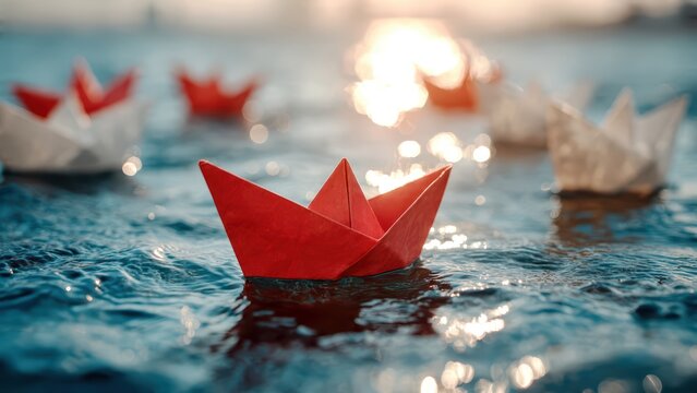 A red origami paper boat leading a line of white paper boats on a calm blue ocean, symbolizing leadership and individuality