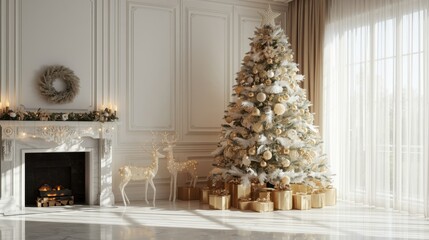 Elegant, brightly lit white room decorated for Christmas with a large, white and gold-ornamented tree, presents wrapped in kraft paper, a marble fireplace, and sheer curtains covering a sunlit window.