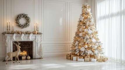 Elegant, brightly lit white room decorated for Christmas with a large, white and gold-ornamented tree, presents wrapped in kraft paper, a marble fireplace, and sheer curtains covering a sunlit window.