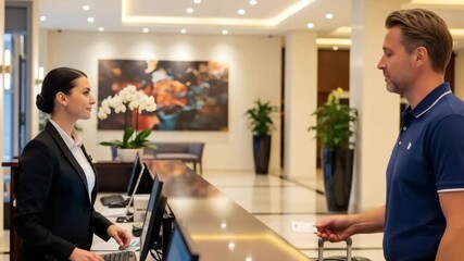 Hotel receptionist with professional mood handing key card to male guest at modern hotel lobby reception
