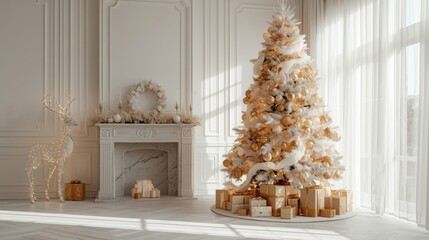 Elegant, brightly lit white room decorated for Christmas with a large, white and gold-ornamented tree, presents wrapped in kraft paper, a marble fireplace, and sheer curtains covering a sunlit window.