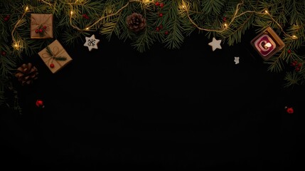 A minimal dark background with a Christmas border along the top, featuring pine branches, warm string lights, small gift boxes, a lit candle, and white star ornaments.