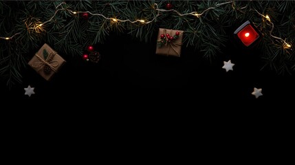 A minimal dark background with a Christmas border along the top, featuring pine branches, warm string lights, small gift boxes, a lit candle, and white star ornaments.
