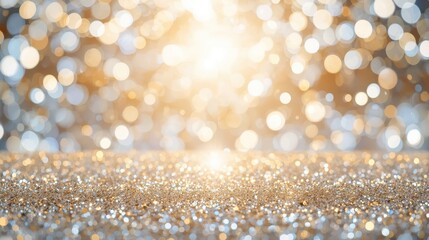 Glittering silver or gold-dusted horizontal surface in the foreground with a blurred background of warm golden and bright silver bokeh lights.
