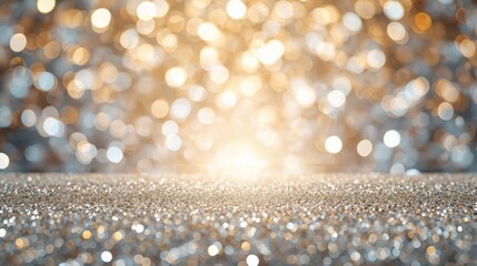 Glittering silver or gold-dusted horizontal surface in the foreground with a blurred background of warm golden and bright silver bokeh lights.