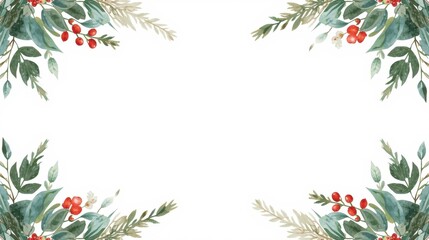 Watercolor illustration of pine foliage, green leaves, and red berries forming a decorative frame with a central rectangular gold border on a white background.