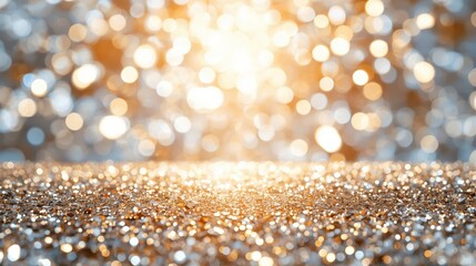 Glittering silver or gold-dusted horizontal surface in the foreground with a blurred background of warm golden and bright silver bokeh lights.