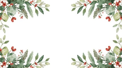Watercolor illustration of pine foliage, green leaves, and red berries forming a decorative frame with a central rectangular gold border on a white background.