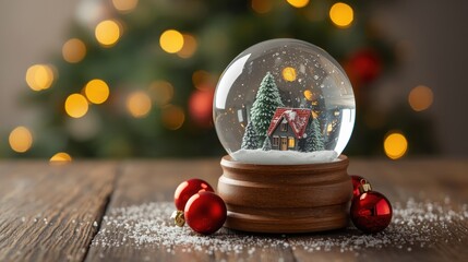 Close-up shot of a classic snow globe with a tiny cabin and snowy trees inside, resting on a rustic wooden table with scattered snow and red Christmas ornaments.