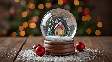 Close-up shot of a classic snow globe with a tiny cabin and snowy trees inside, resting on a rustic wooden table with scattered snow and red Christmas ornaments.