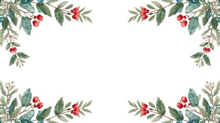 Watercolor illustration of pine foliage, green leaves, and red berries forming a decorative frame with a central rectangular gold border on a white background.