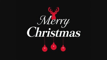 Minimalist vector graphic with "Merry Christmas" text and a red deer silhouette above three hanging red ornaments on a solid black background.