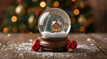Close-up shot of a classic snow globe with a tiny cabin and snowy trees inside, resting on a rustic wooden table with scattered snow and red Christmas ornaments.