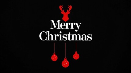 Minimalist vector graphic with "Merry Christmas" text and a red deer silhouette above three hanging red ornaments on a solid black background.
