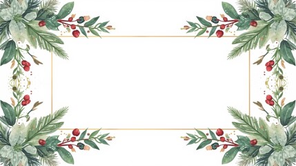 Watercolor illustration of pine foliage, green leaves, and red berries forming a decorative frame with a central rectangular gold border on a white background.