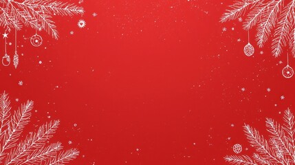 Christmas background image featuring a top and bottom border of white, hand-drawn style pine branches and hanging ornaments on a solid red background with copy space.
