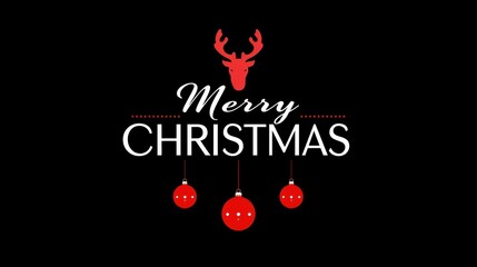 Minimalist vector graphic with "Merry Christmas" text and a red deer silhouette above three hanging red ornaments on a solid black background.