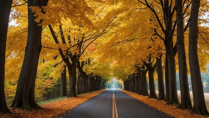 Fototapeta premium A path between trees with yellow leaves in autumn