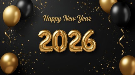 Luxury 3D rendering of giant gold "2026" numbers with glowing reflections on a dark, sparkling surface, framed by golden bokeh lights and "Happy New Year" text.