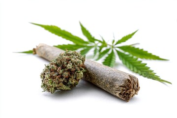 Medicinal Ganja Leaf and Rolled Joint Isolated on White Background