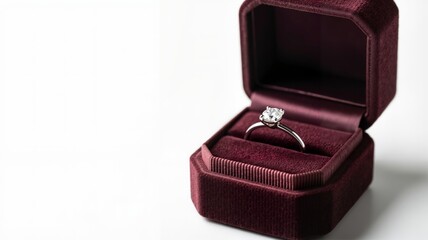 Diamond engagement ring in an open red velvet box. Luxury jewelry gift for marriage proposal or wedding anniversary. Isolated on white background with copy space