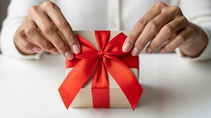Woman hands tying a red ribbon bow on a gift box. Close up of female wrapping a present with beige paper. Holiday celebration, Christmas or Valentine's Day surprise concept