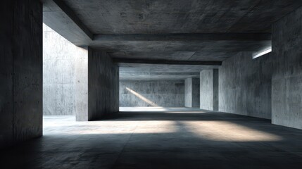 Minimalist Open Space: Sunlit Concrete Interior with Abstract Architectural Elements