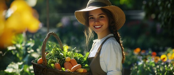 Elegant female gardener with apron and hat