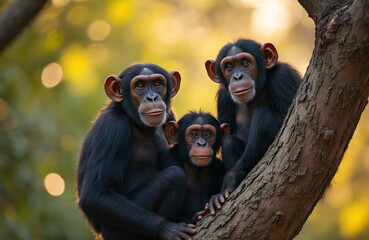 Obraz premium Three West African chimpanzees, family group, rest on tree branch against softly blurred jungle backdrop. Adult chimpanzees sit protectively around younger one, family bonds, intelligent expressions