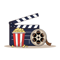 Movie clapperboard, film reel and red popcorn bucket. Flat icon illustration