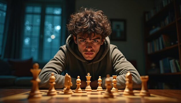 Young man intensely studies chessboard. Male player contemplates next move, thinking deeply. Strategic game setup on table indoors. Focused teen concentration.