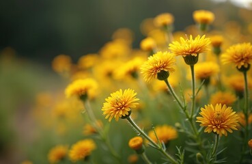 Field of bright yellow asters, also known as Italian everlasting flowers. Delicate petals create natural, vibrant tapestry. Perfect for spring, summer themes, botanical studies garden settings.