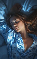 Elegant young lady relaxing in blue sleepwear